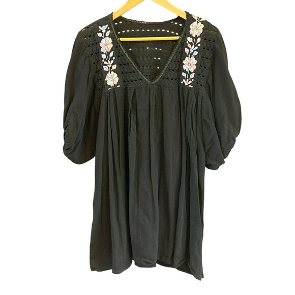 Bohemian Black Crocheted Floral Embroidered Blouse Micro Mini Dress Festival - Picture 1 of 4